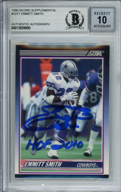 Emmitt Smith Autographed 1990 Score #101T Rookie Card HOF Beckett Slab