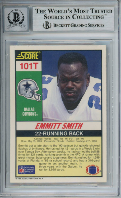 Emmitt Smith Autographed 1990 Score #101T Rookie Card HOF Beckett Slab