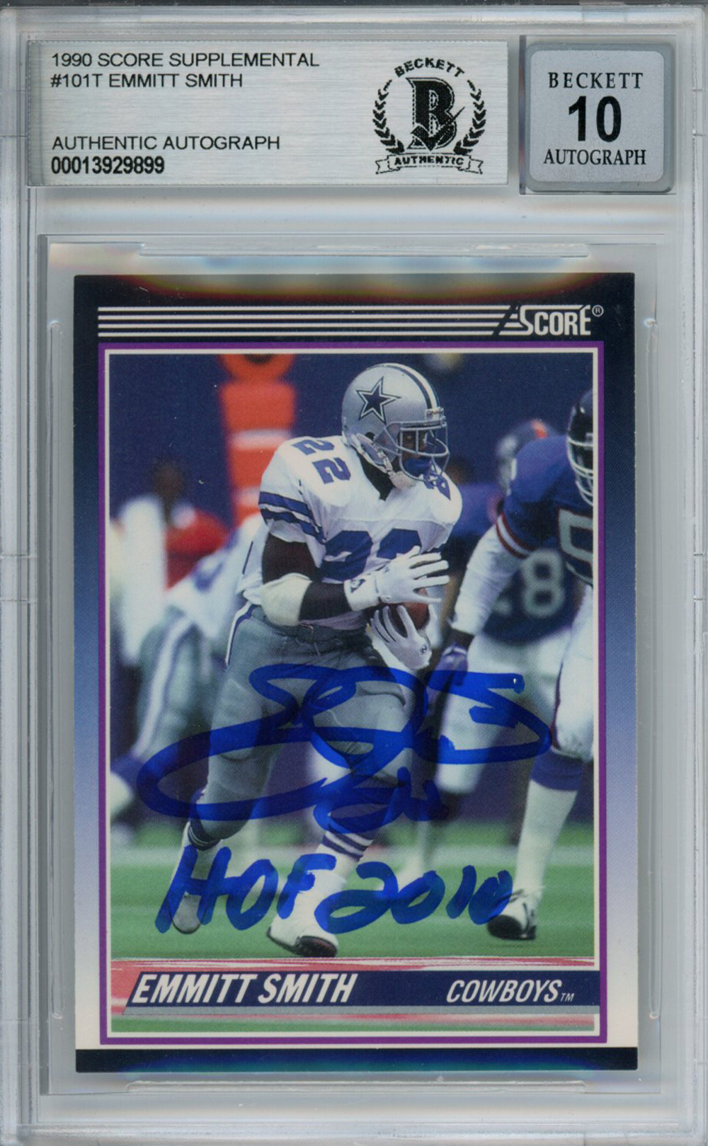 Emmitt Smith Autographed 1990 Score #101T Rookie Card HOF Beckett Slab