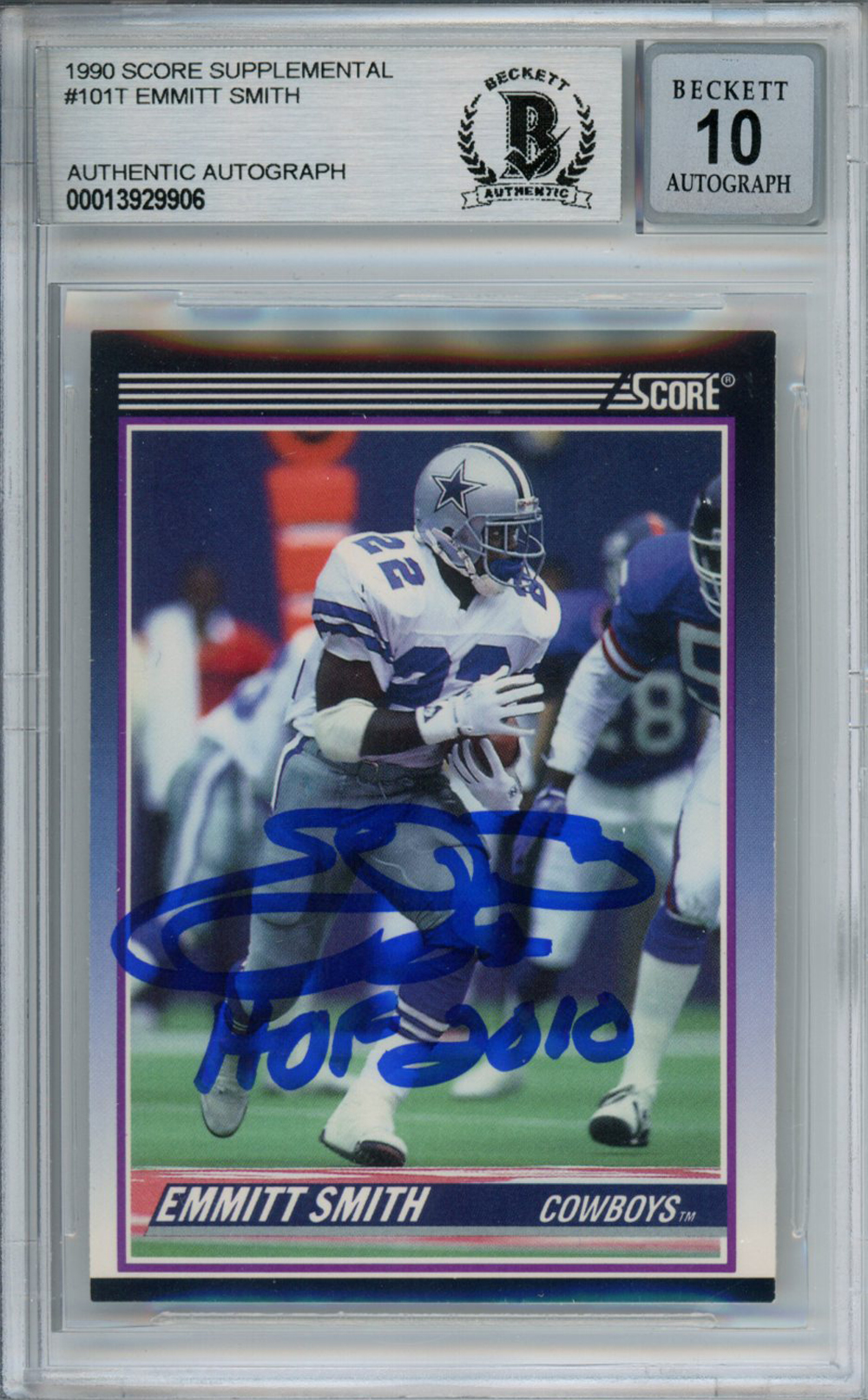 Emmitt Smith Autographed 1990 Score #101T Rookie Card HOF Beckett Slab