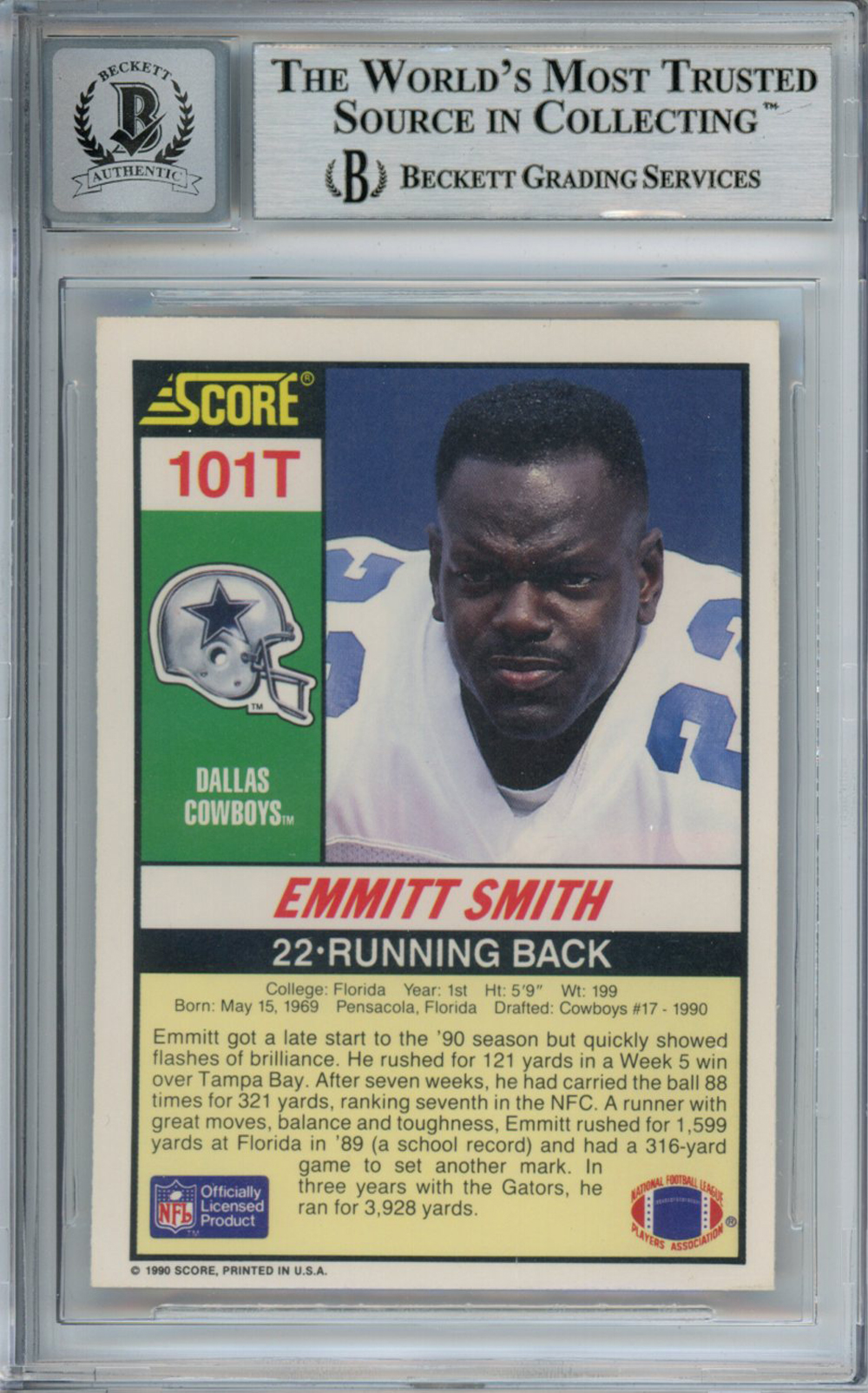 Emmitt Smith Autographed 1990 Score #101T Rookie Card HOF Beckett Slab