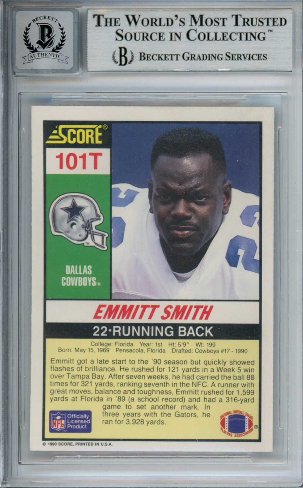 Emmitt Smith Autographed 1990 Score #101T Rookie Card Beckett Slab