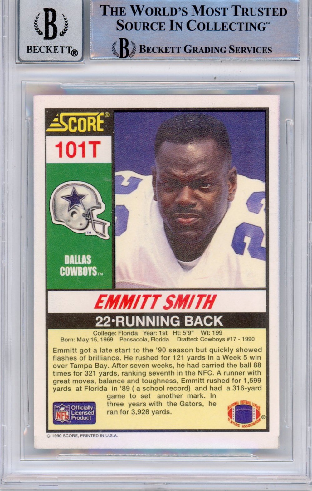 Emmitt Smith Signed 1990 Score Supplemental #101 (Grade 10) Slabbed BAS
