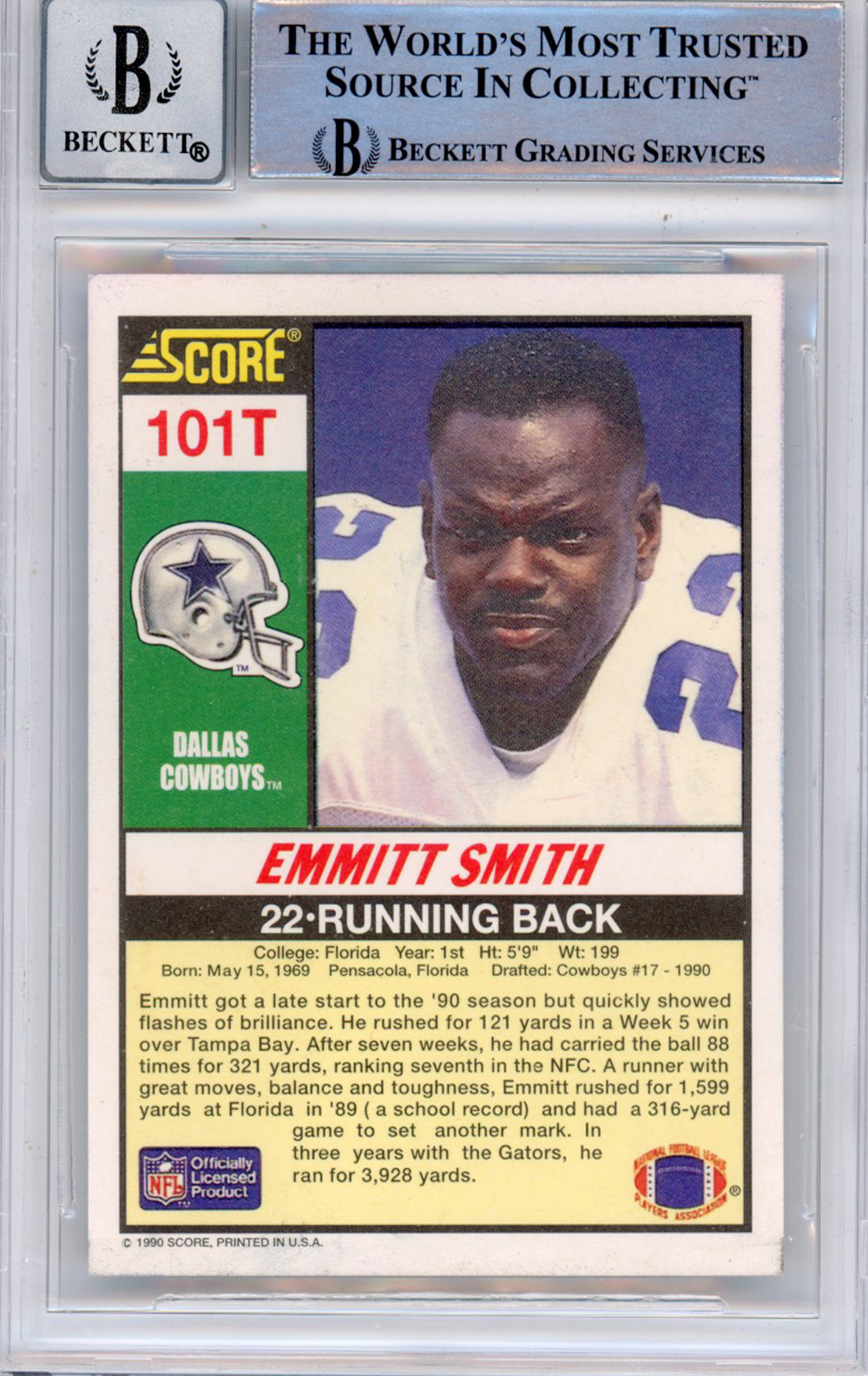 Emmitt Smith Signed 1990 Score Supplemental #101 (Grade 10) Slabbed BAS