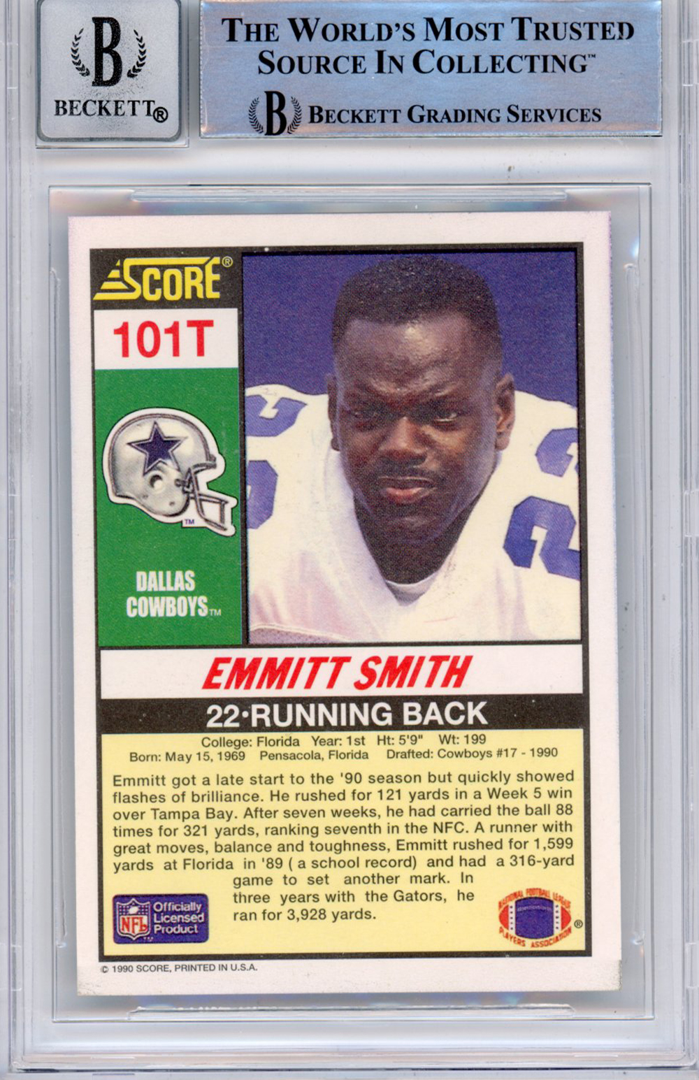 Emmitt Smith Signed 1990 Score Supplemental #101 (Grade 10) Slabbed BAS