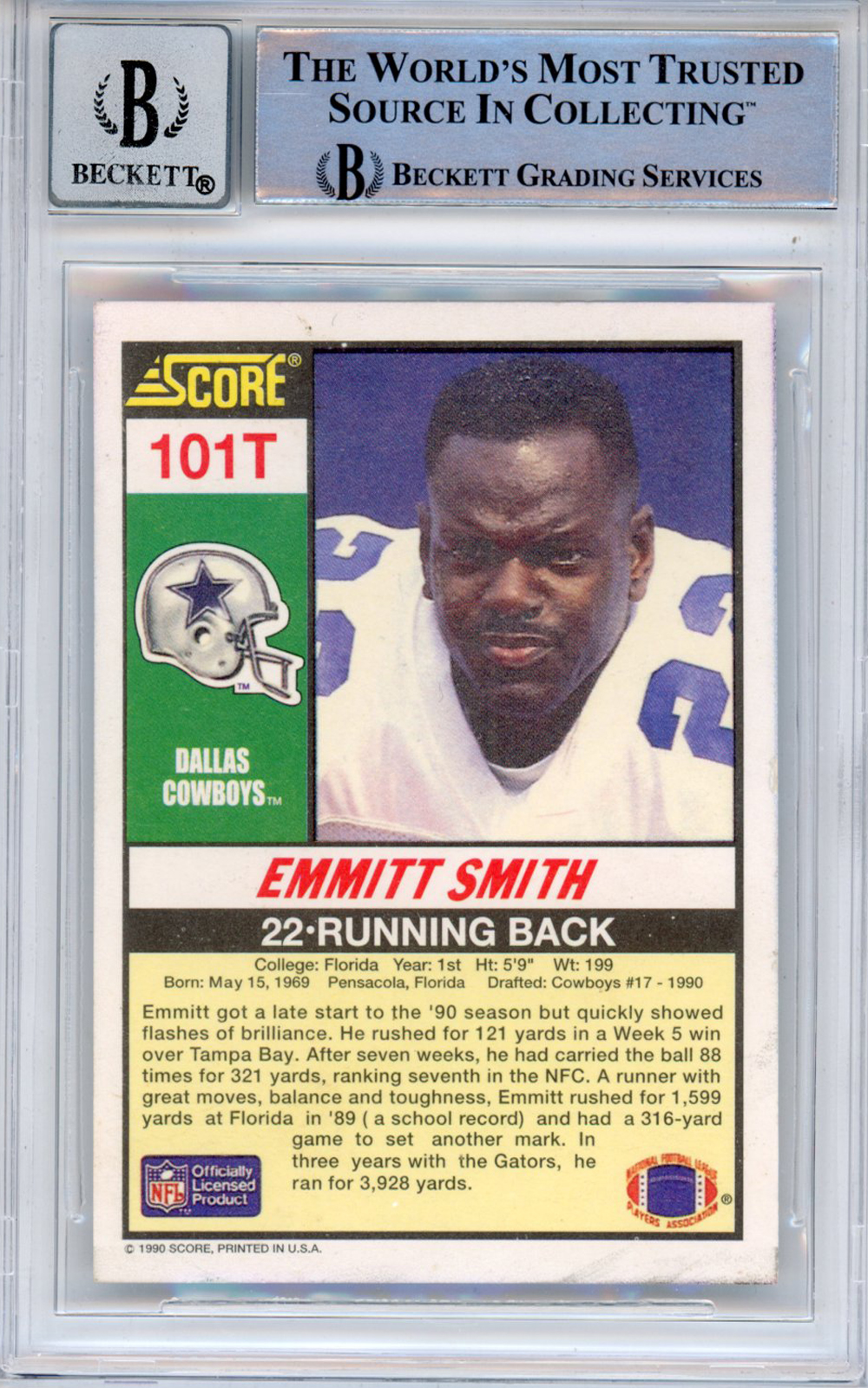 Emmitt Smith Signed 1990 Score Supplemental #101 (Grade 10) Slabbed BAS