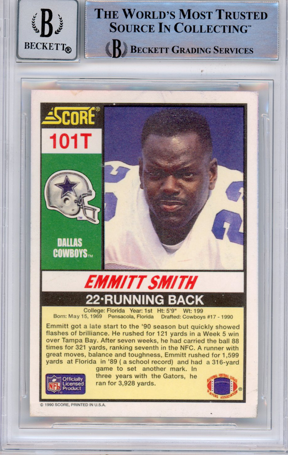 Emmitt Smith Signed 1990 Score Supplemental #101 (Grade 10) Slabbed BAS