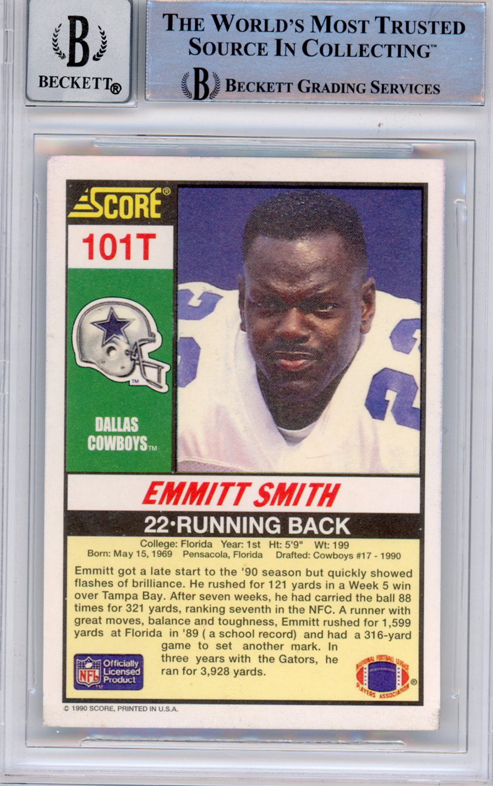 Emmitt Smith Signed 1990 Score Supplemental #101 (Grade 10) Slabbed BAS