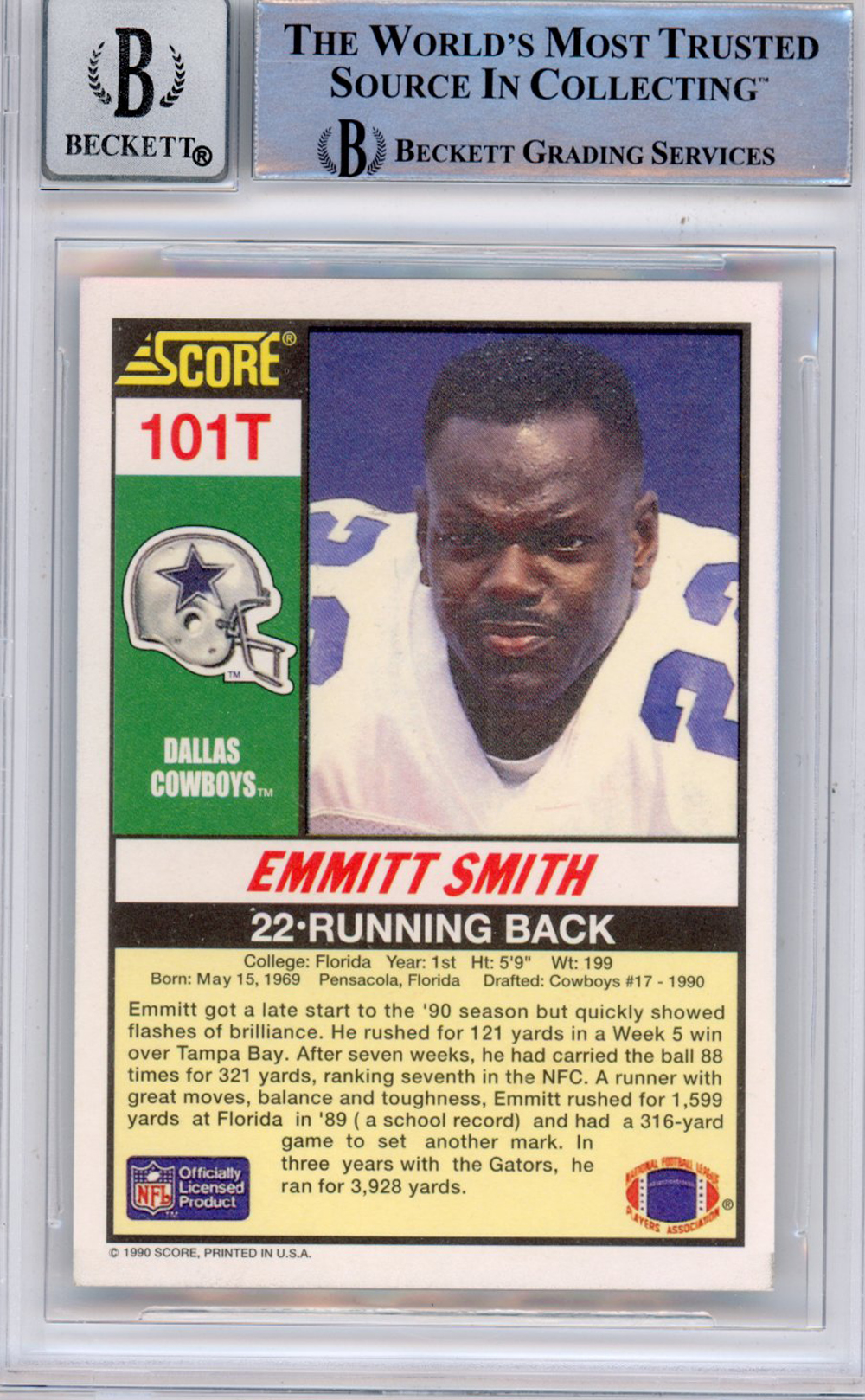 Emmitt Smith Signed 1990 Score Supplemental #101 (Grade 10) Slabbed BAS