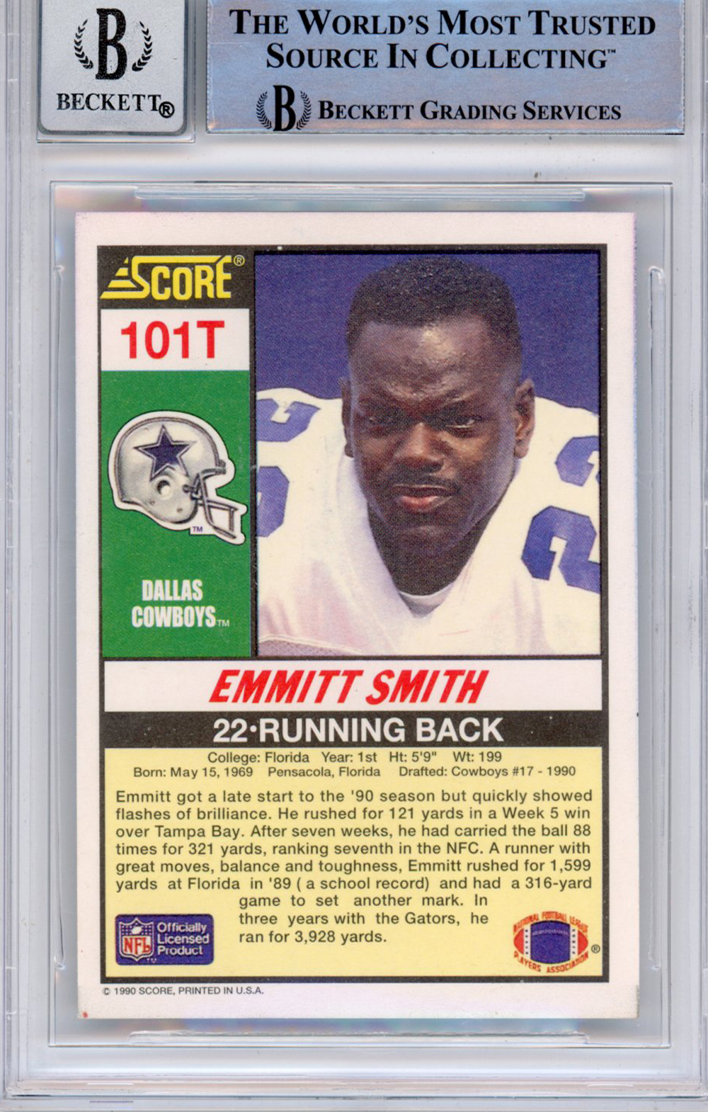 Emmitt Smith Signed 1990 Score Supplemental #101 (Grade 10) Slabbed BAS