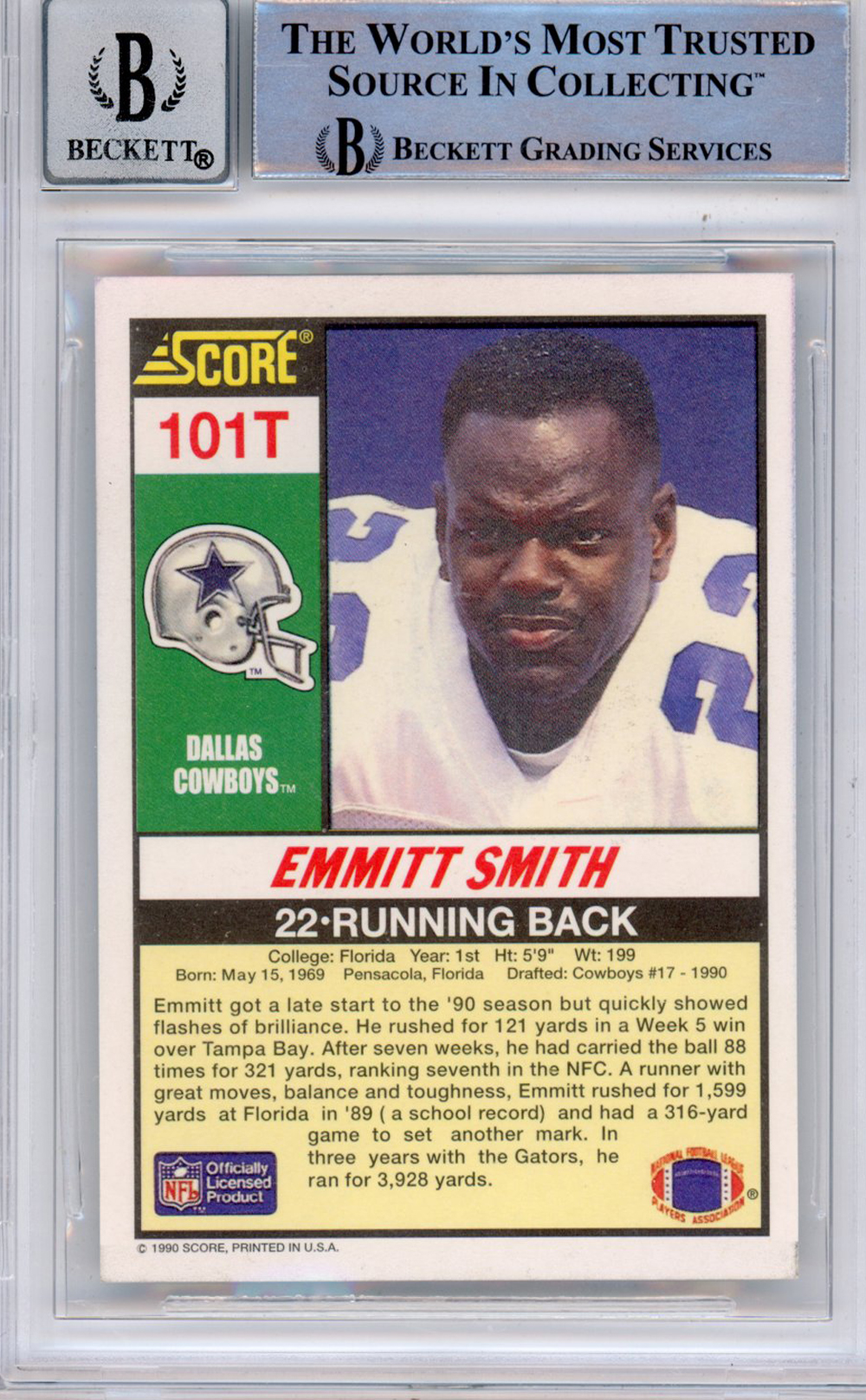 Emmitt Smith Signed 1990 Score Supplemental #101 (Grade 10) Slabbed BAS