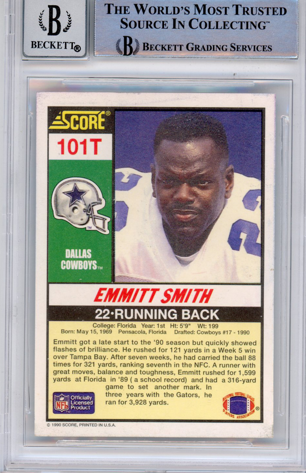 Emmitt Smith Signed 1990 Score Supplemental #101 (Grade 10) Slabbed BAS