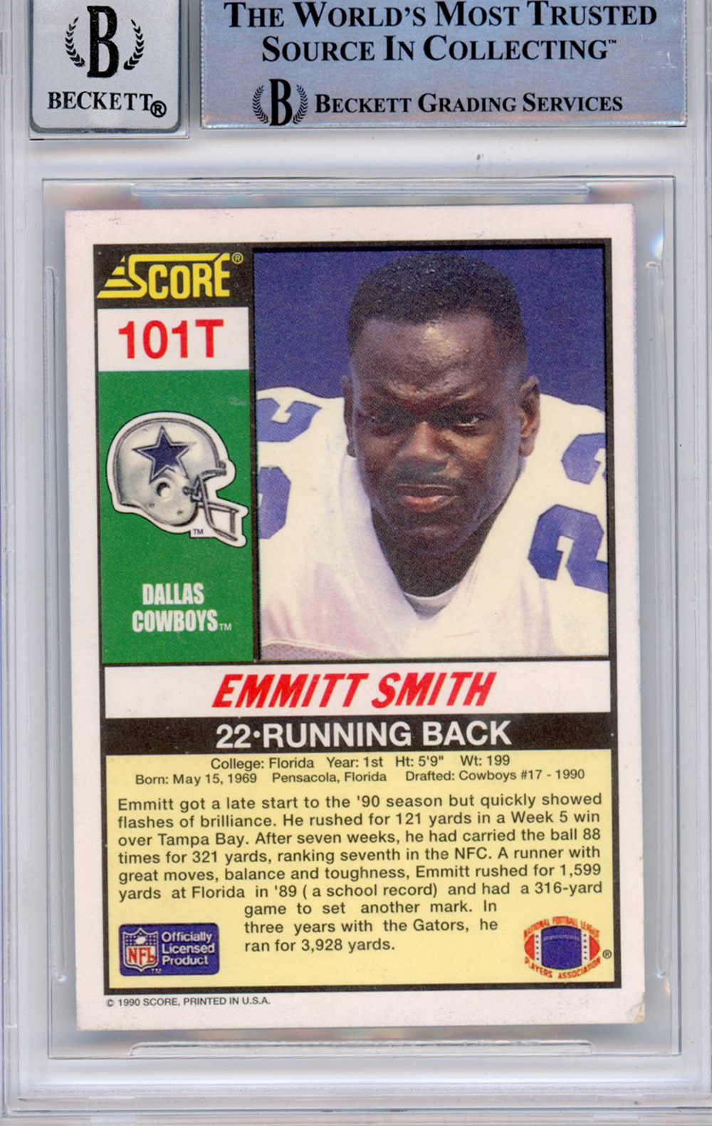 Emmitt Smith Signed 1990 Score Supplemental #101 (Grade 10) Slabbed BAS