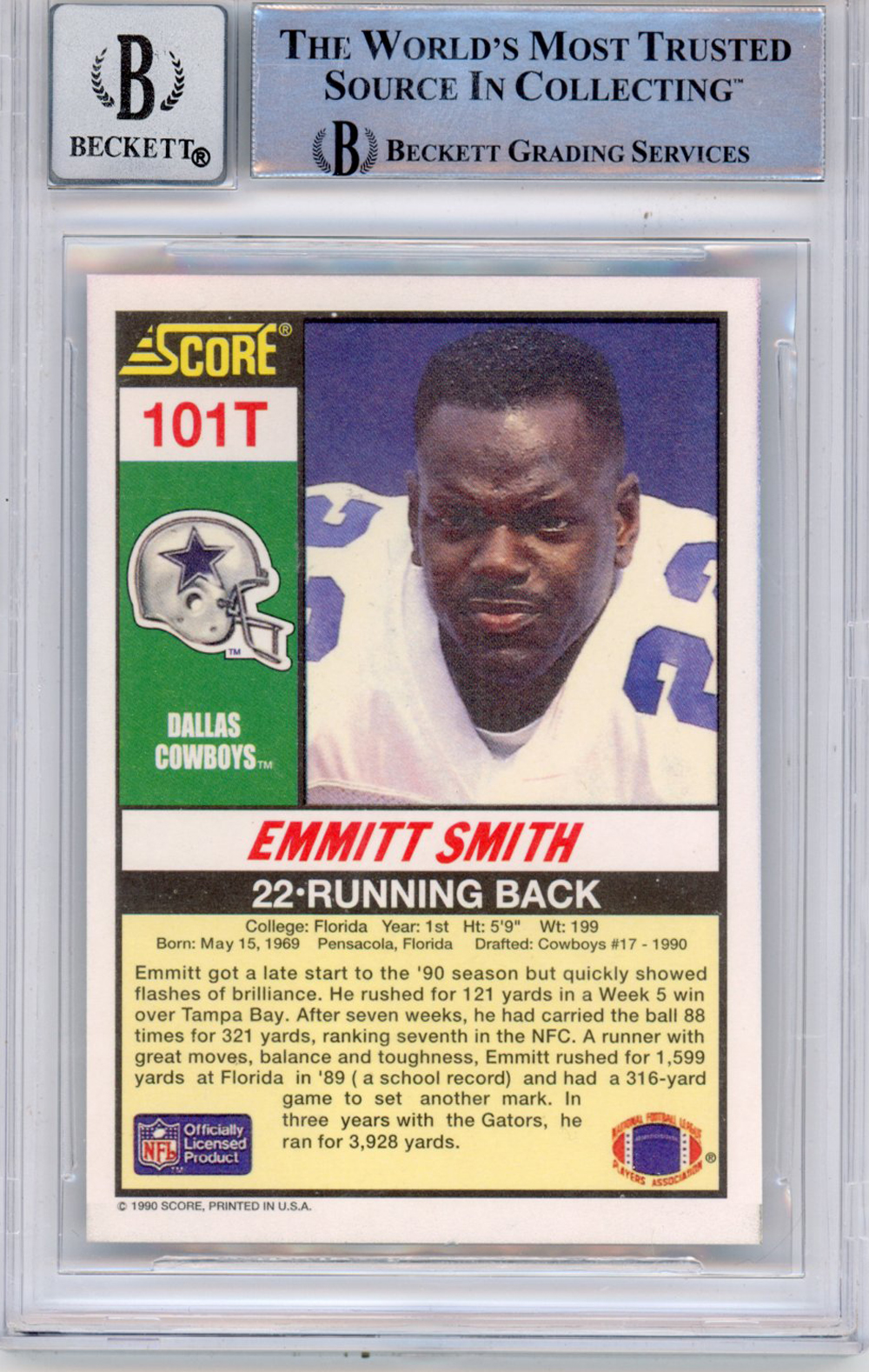 Emmitt Smith Signed 1990 Score Supplemental #101 (Grade 10) Slabbed BAS