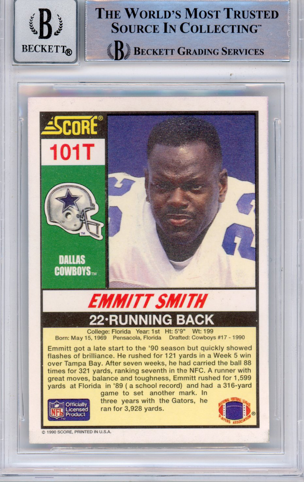 Emmitt Smith Signed 1990 Score Supplemental #101 (Grade 10) Slabbed BAS