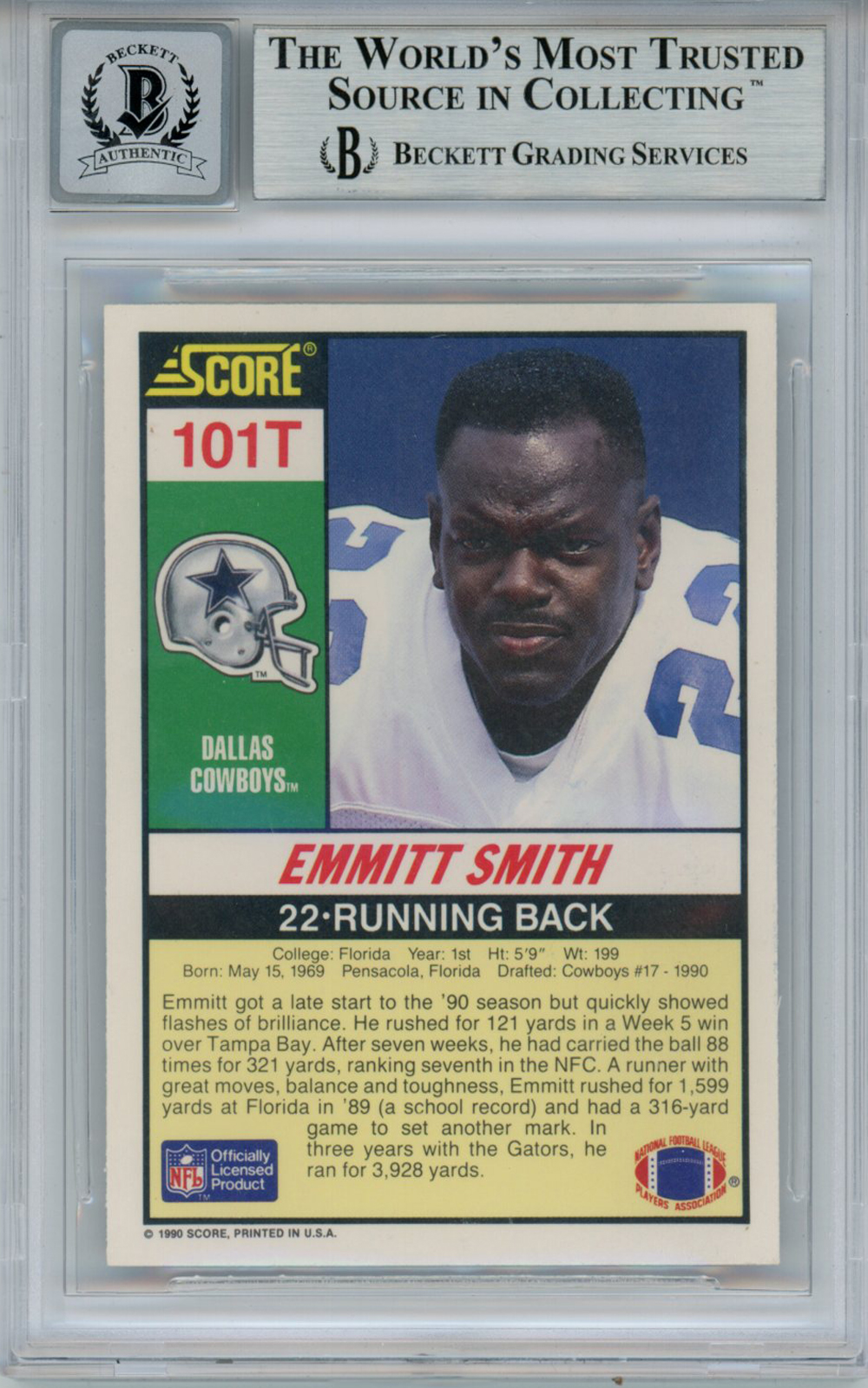 Emmitt Smith Autographed 1990 Score #101 Rookie Card Beckett 10 Slab