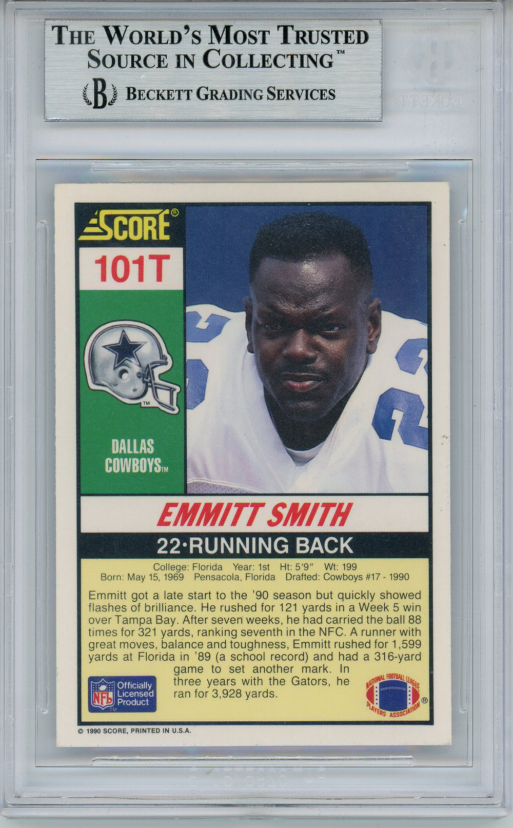 Emmitt Smith Autographed 1990 Score #101 Rookie Card HOF Beckett Slab