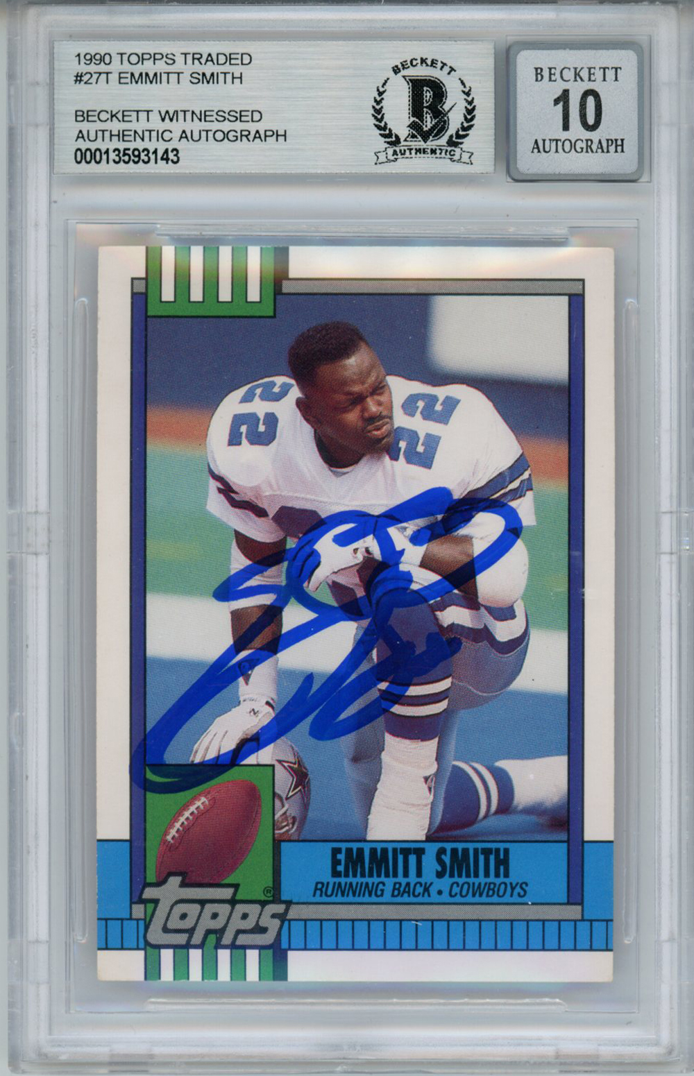 Emmitt Smith Signed 1990 Topps Traded #27T Rookie Card Beckett 10 Slab