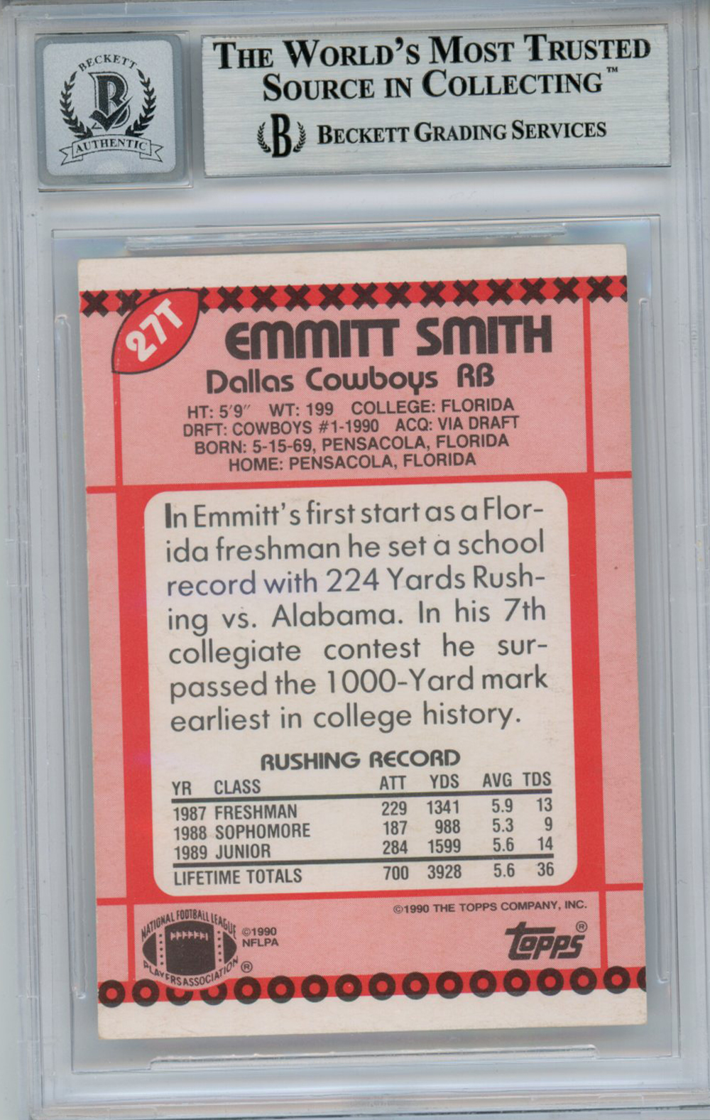 Emmitt Smith Signed 1990 Topps Traded #27T Rookie Card Beckett 10 Slab