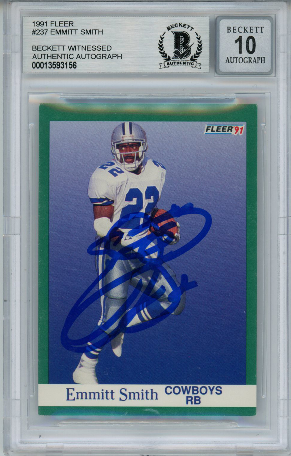 Emmitt Smith Autographed 1991 Fleer #237 Trading Card Beckett 10 Slab