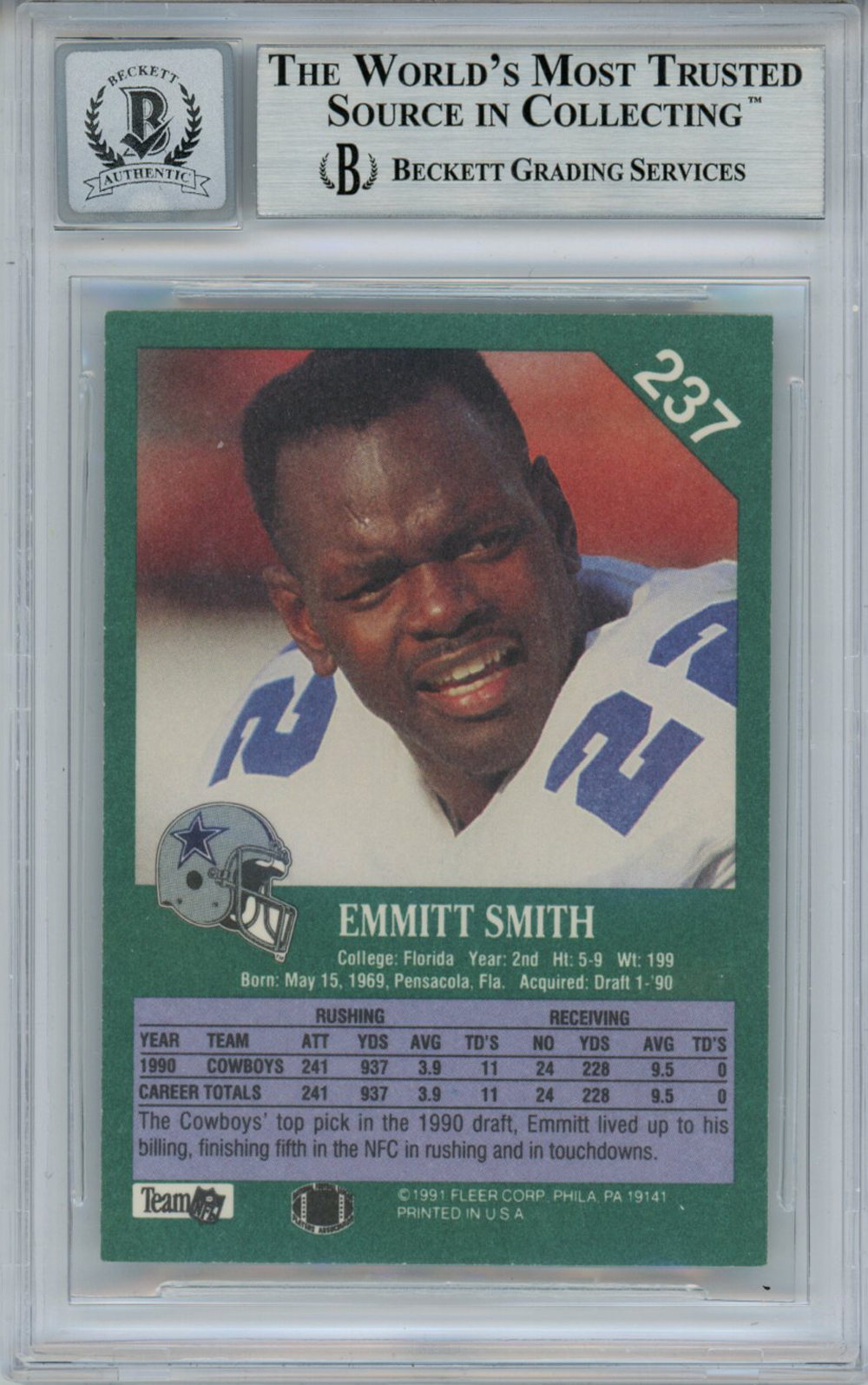 Emmitt Smith Autographed 1991 Fleer #237 Trading Card Beckett 10 Slab