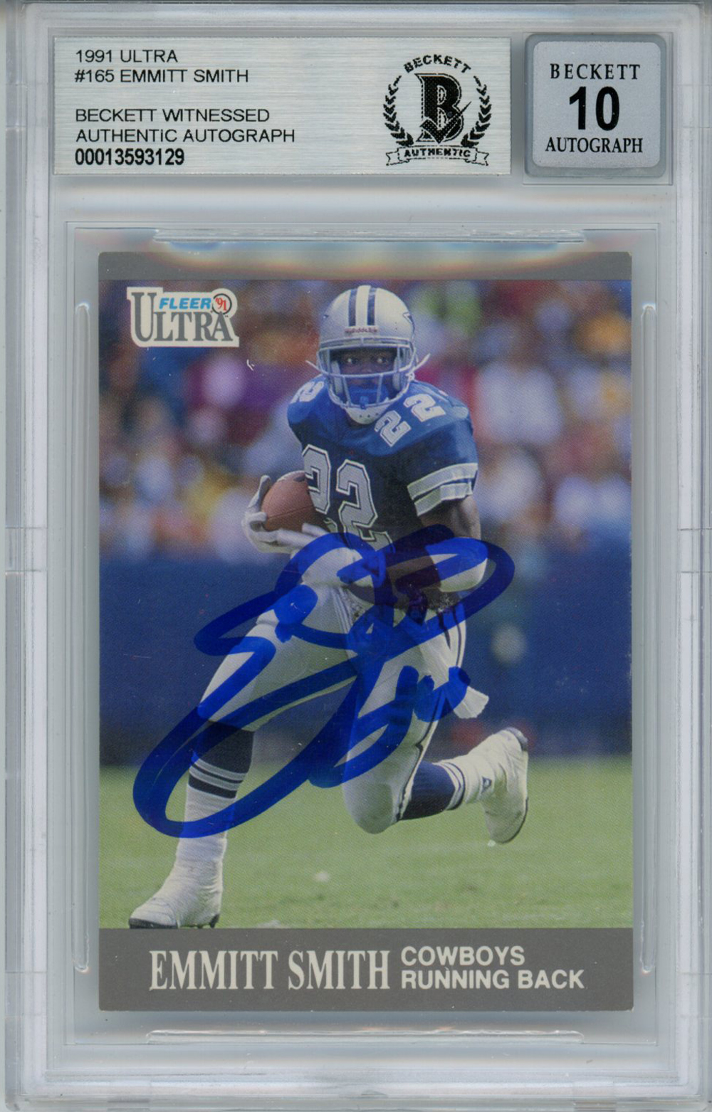 Emmitt Smith Autographed 1991 Ultra #165 Trading Card Beckett 10 Slab