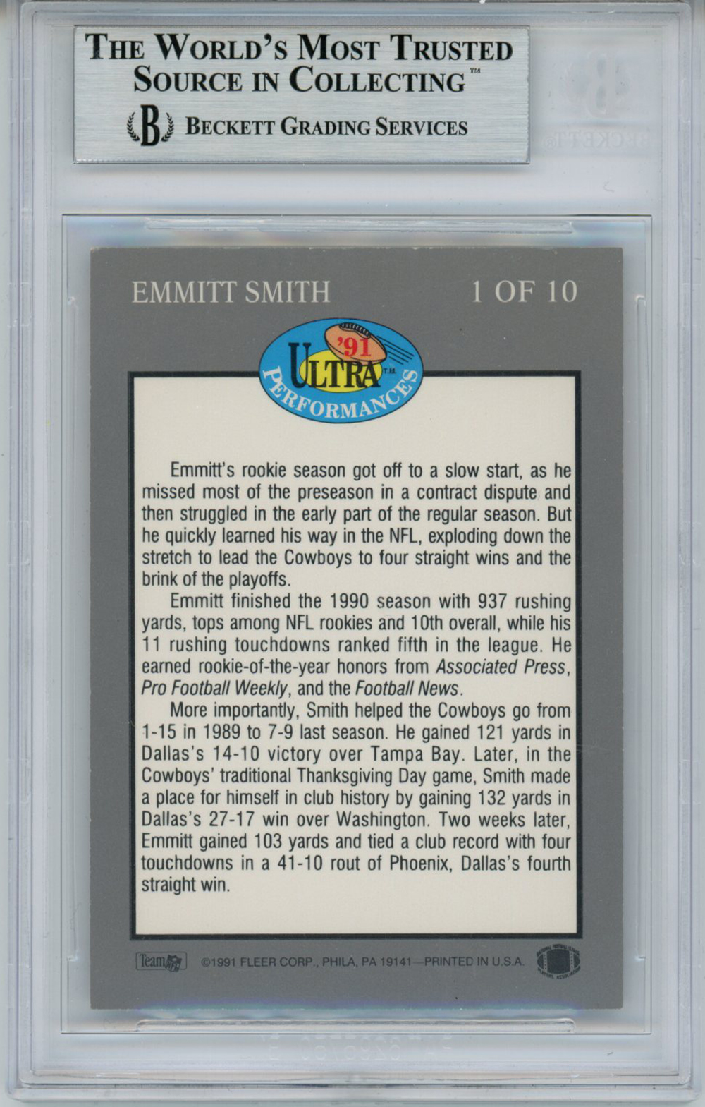 Emmitt Smith Autographed 1991 Ultra #1 Trading Card Beckett Slab