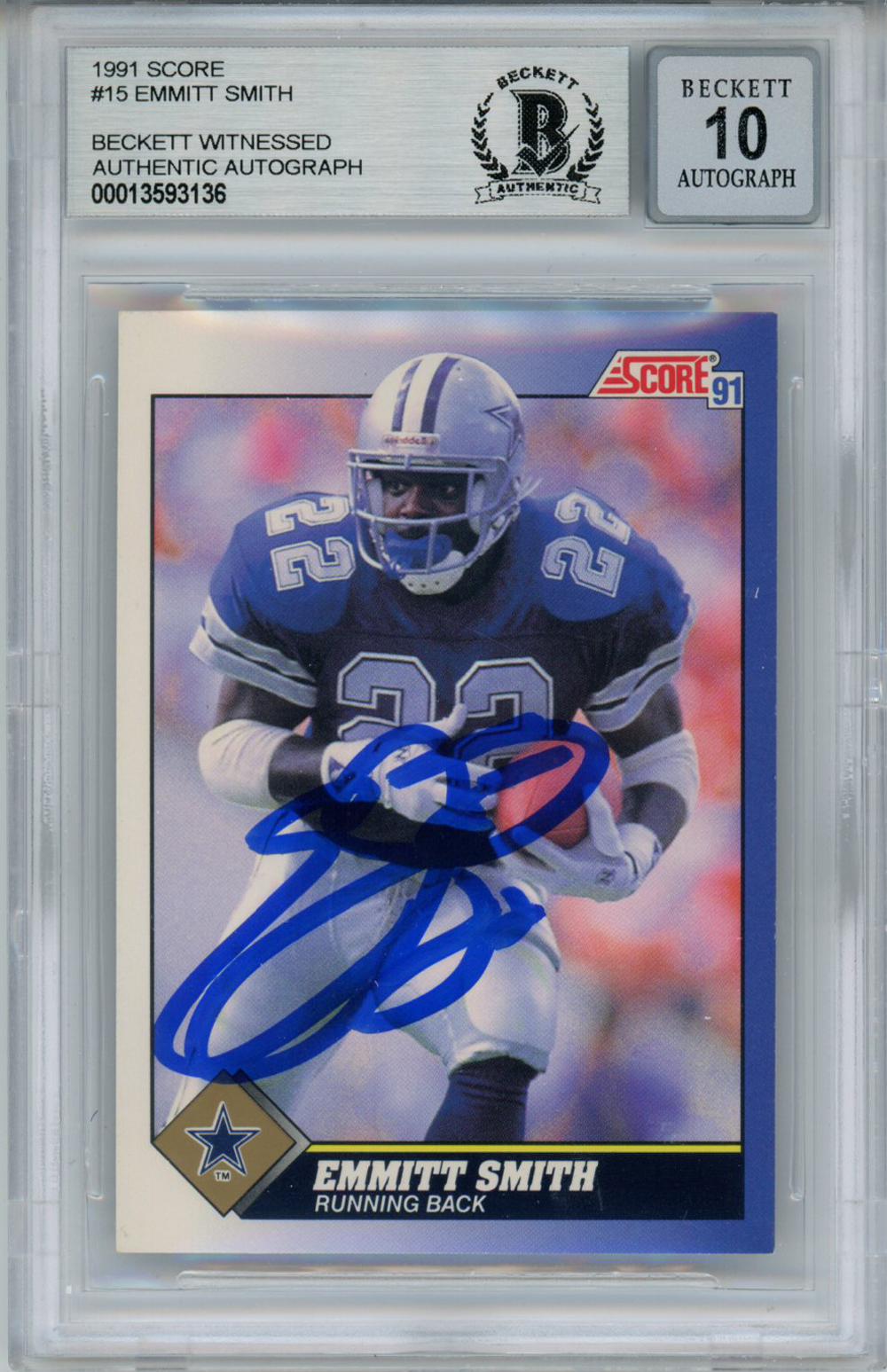 Emmitt Smith Autographed 1991 Score #15 Trading Card Beckett 10 Slab