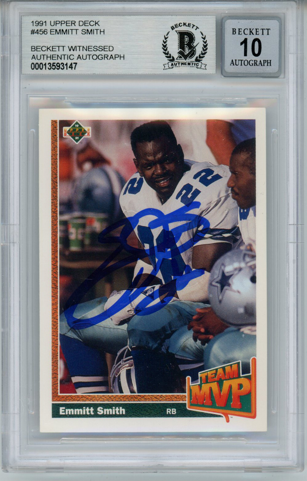 Emmitt Smith Signed 1991 Upper Deck #456 Trading Card Beckett 10 Slab