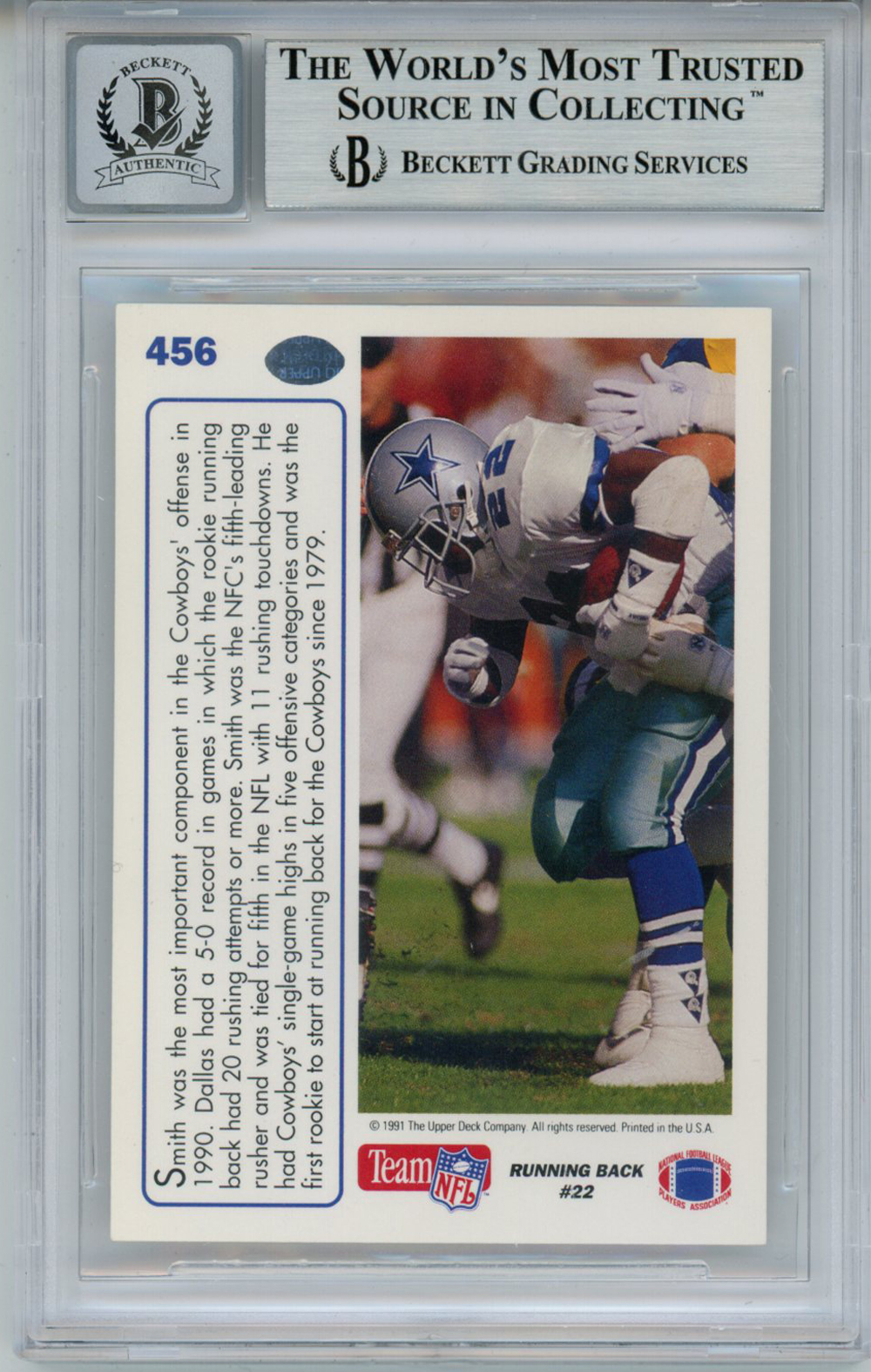 Emmitt Smith Signed 1991 Upper Deck #456 Trading Card Beckett 10 Slab