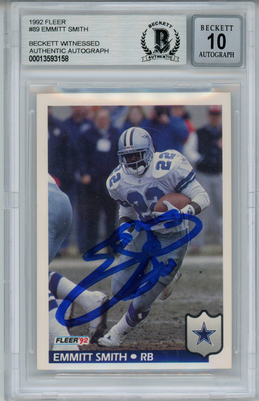 Emmitt Smith Autographed 1992 Fleer #89 Trading Card Beckett 10 Slab