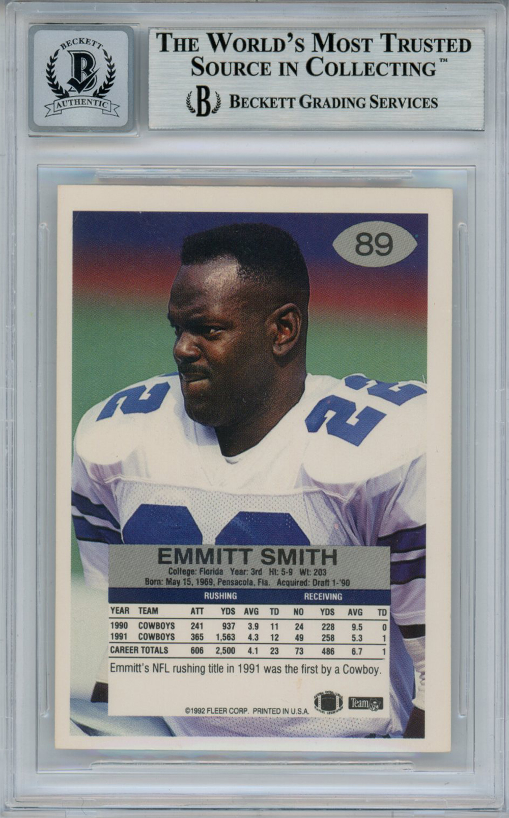 Emmitt Smith Autographed 1992 Fleer #89 Trading Card Beckett 10 Slab