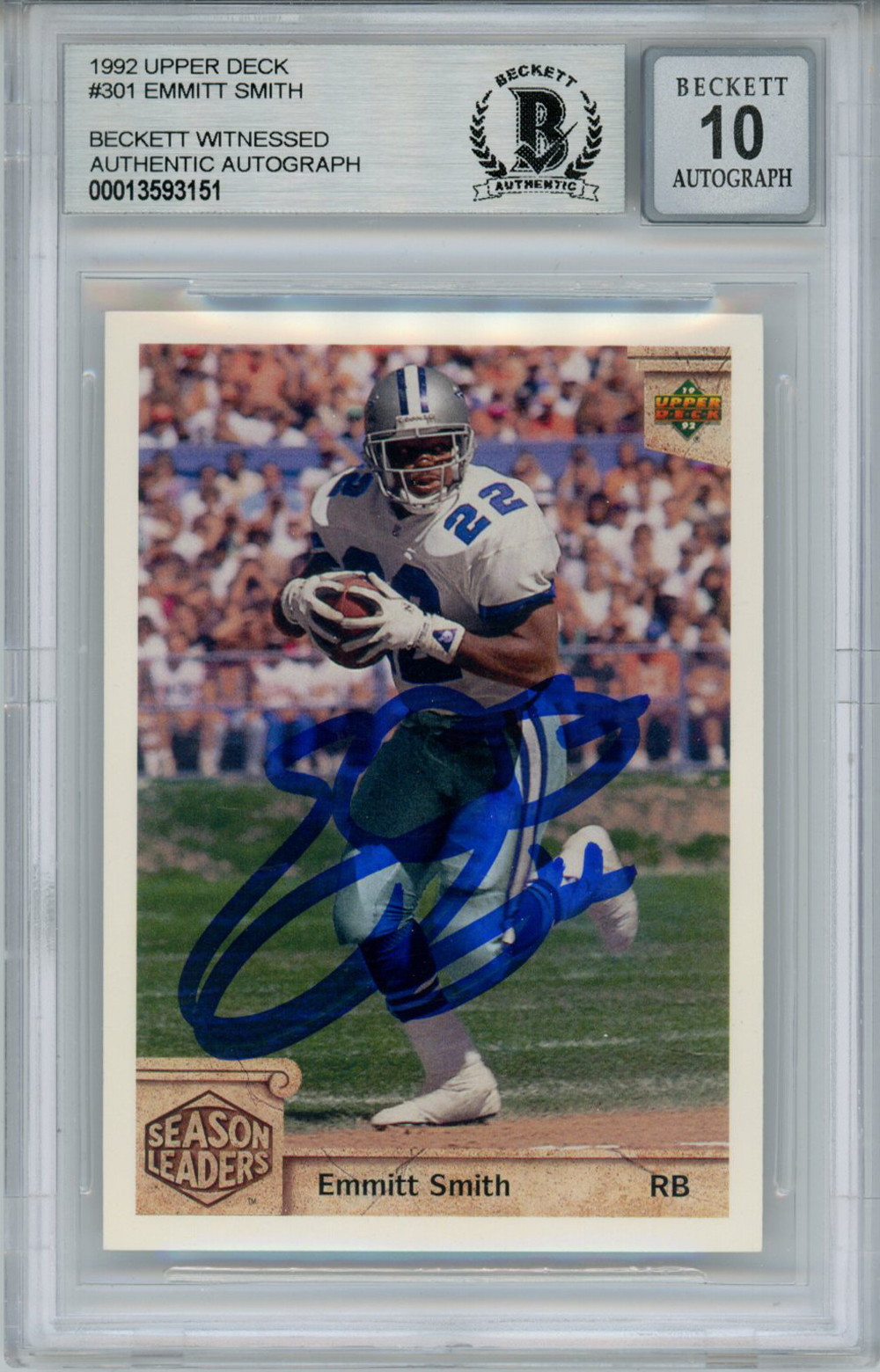 Emmitt Smith Signed 1992 Upper Deck #301 Trading Card Beckett 10 Slab