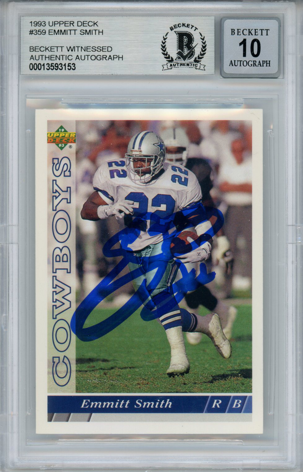 Emmitt Smith Signed 1993 Upper Deck #359 Trading Card Beckett 10 Slab