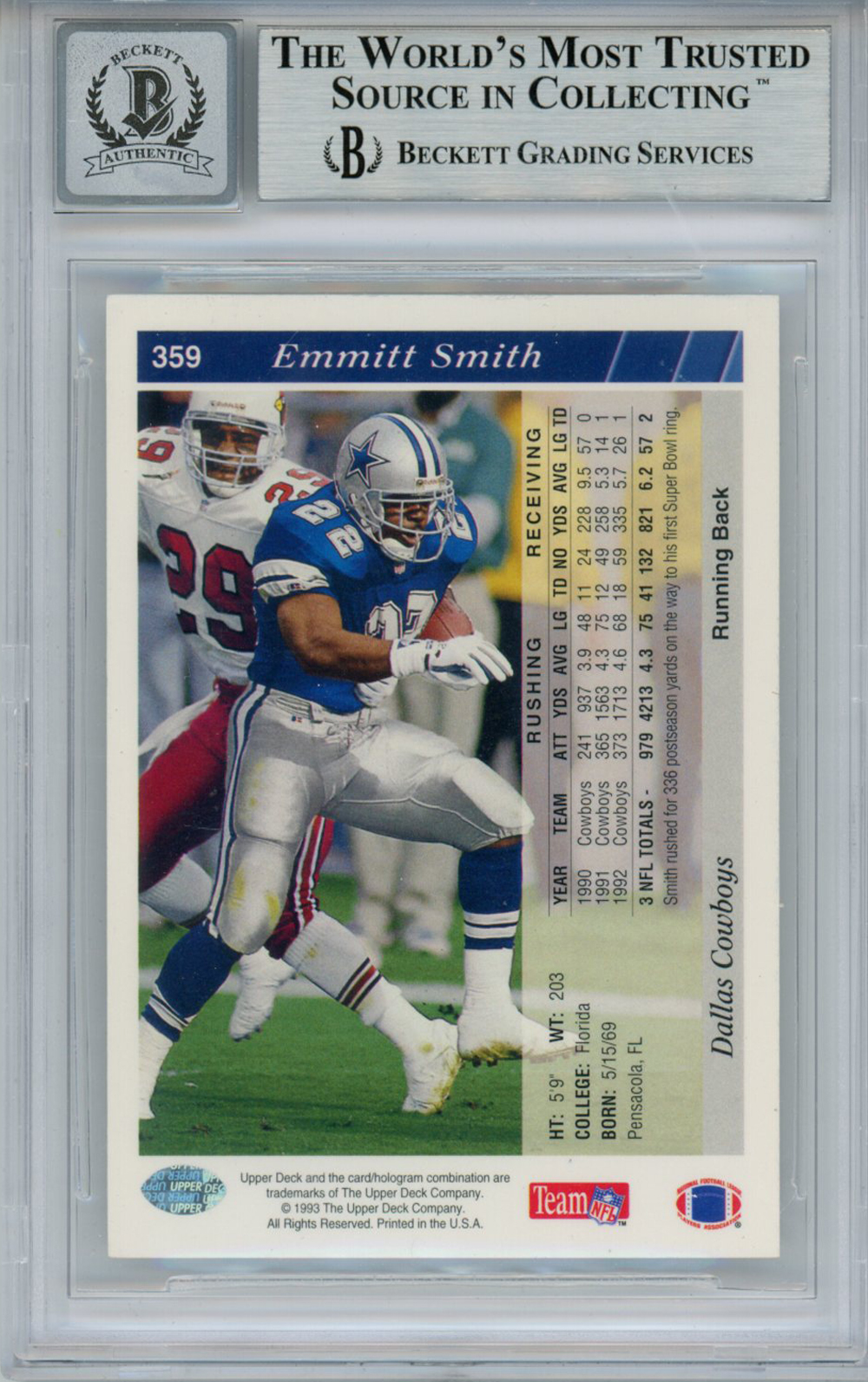 Emmitt Smith Signed 1993 Upper Deck #359 Trading Card Beckett 10 Slab