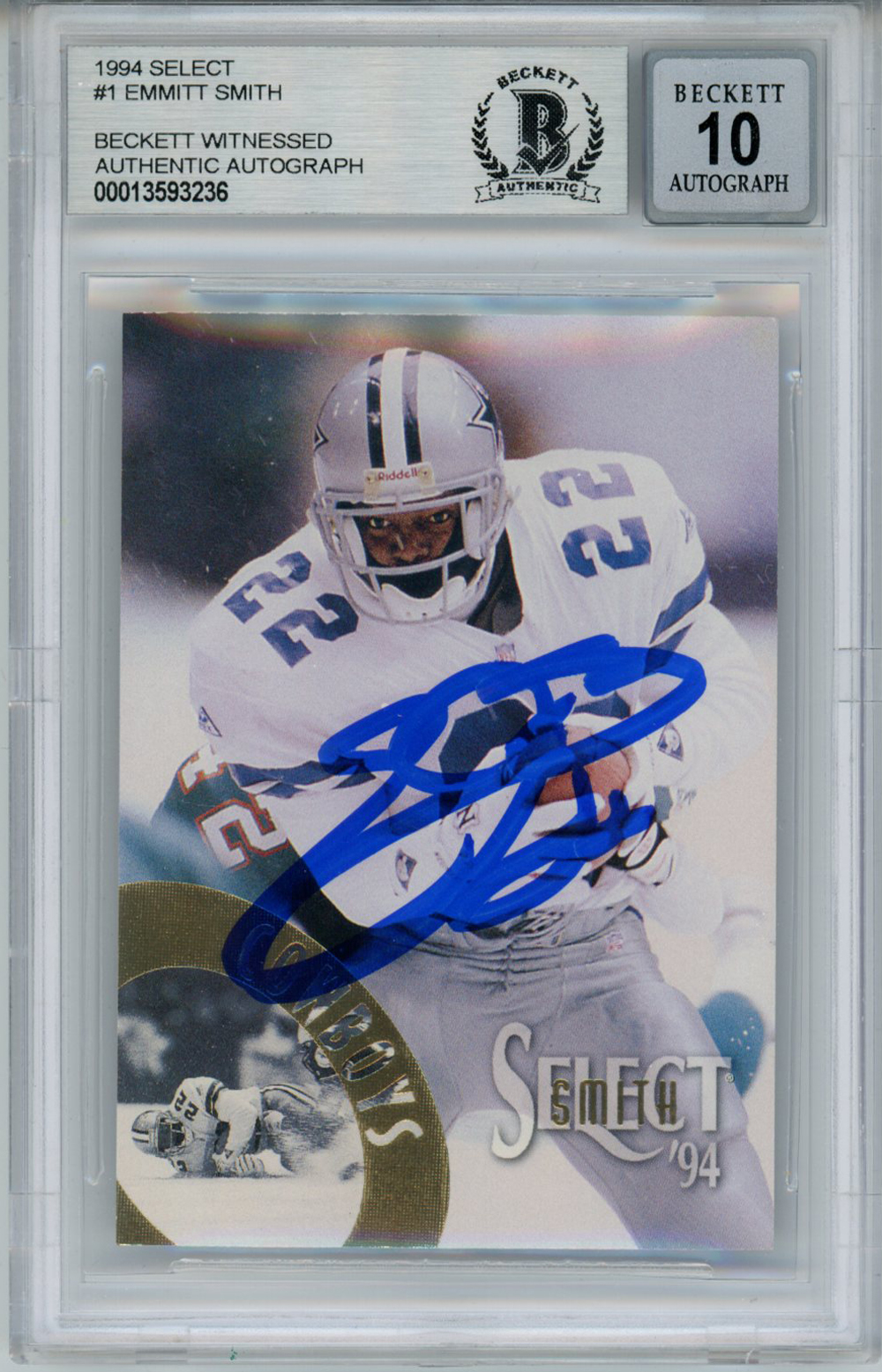 Emmitt Smith Autographed 1994 Select #1 Trading Card Beckett 10 Slab