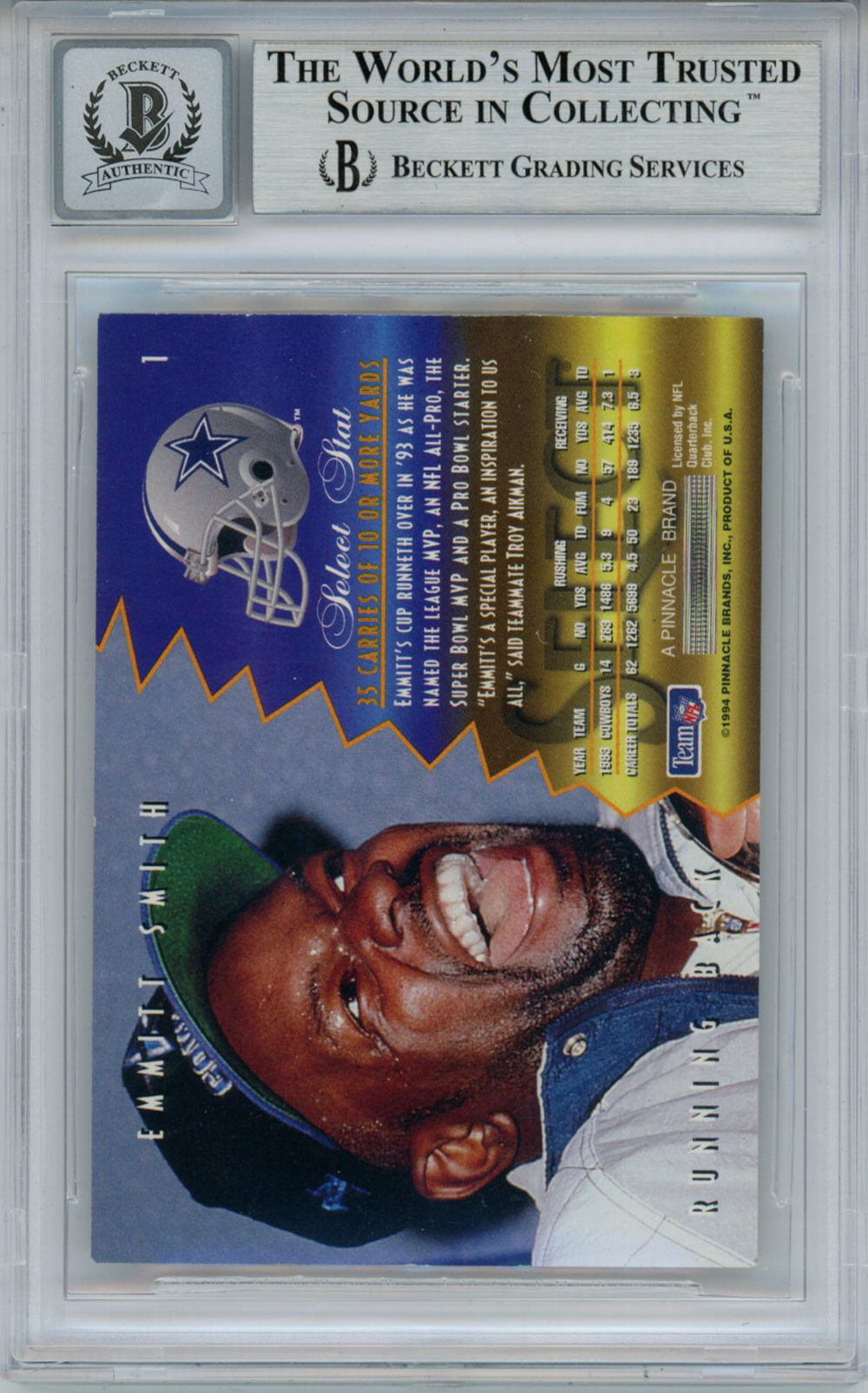 Emmitt Smith Autographed 1994 Select #1 Trading Card Beckett 10 Slab