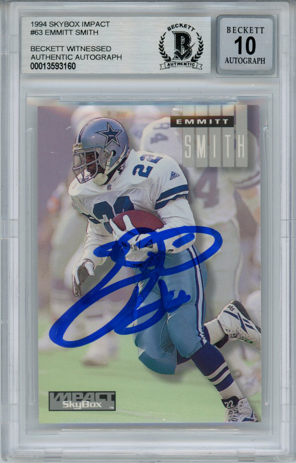 Emmitt Smith Signed 1994 Skybox Impact #63 Trading Card Beckett 10 Slab