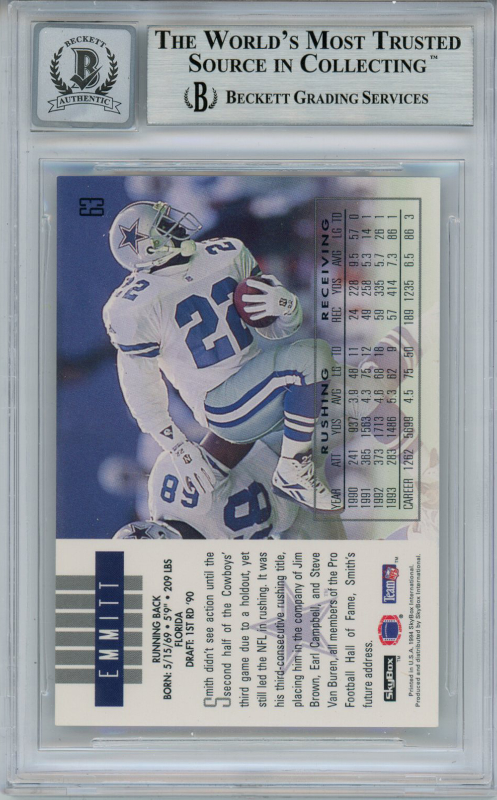 Emmitt Smith Signed 1994 Skybox Impact #63 Trading Card Beckett 10 Slab