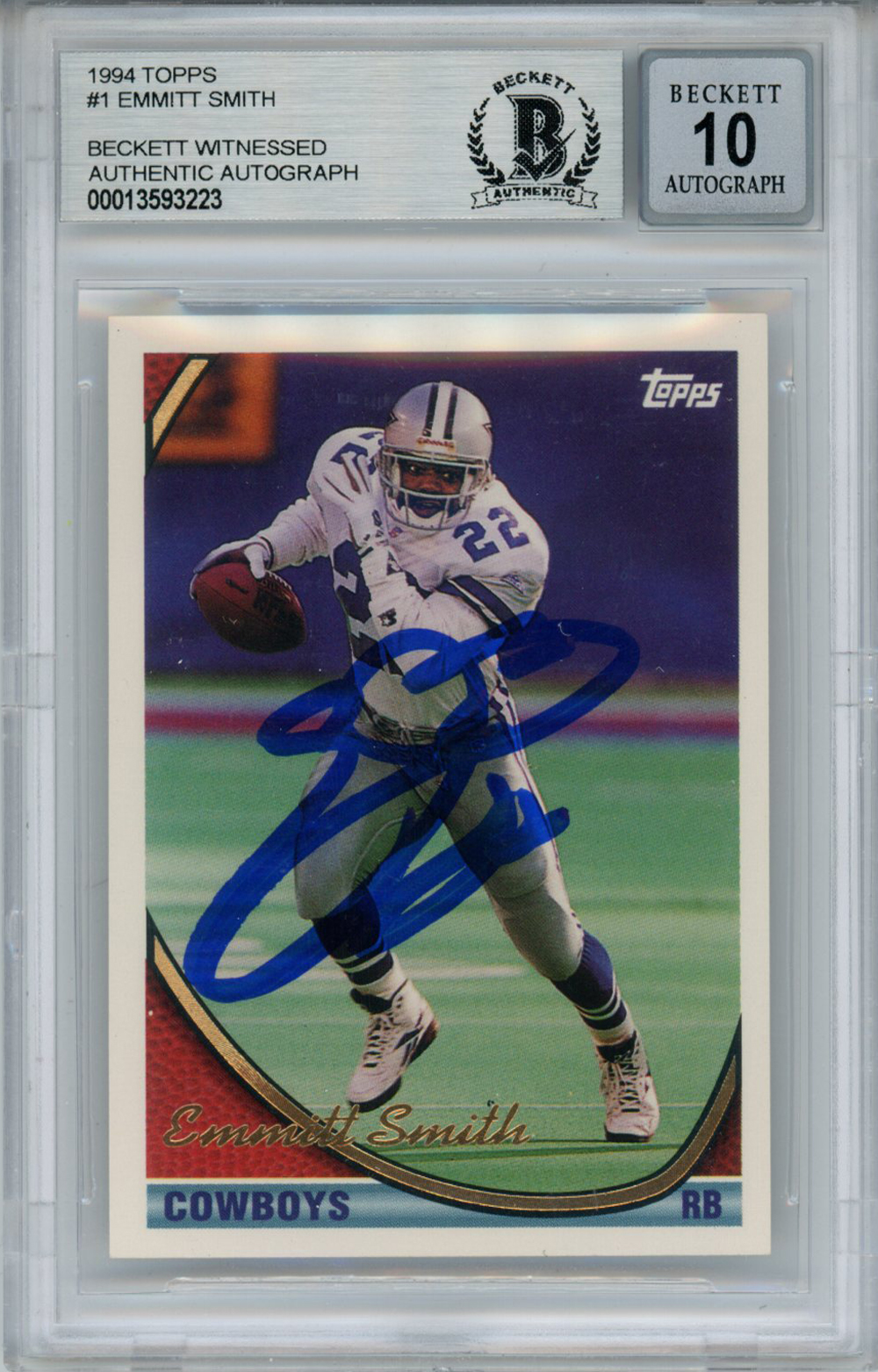 Emmitt Smith Autographed 1994 Topps #1 Trading Card Beckett 10 Slab