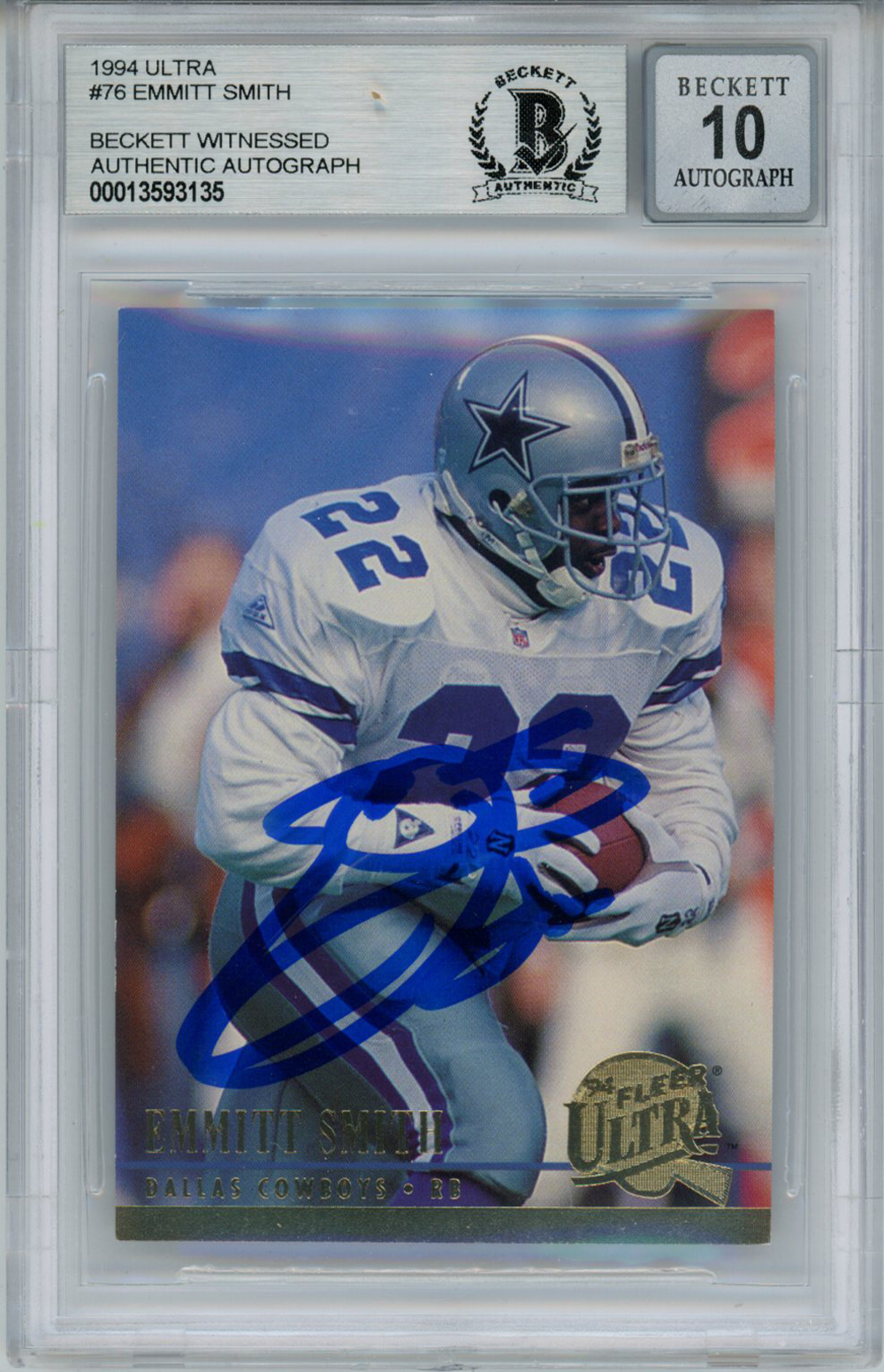 Emmitt Smith Autographed 1994 Ultra #76 Trading Card Beckett 10 Slab