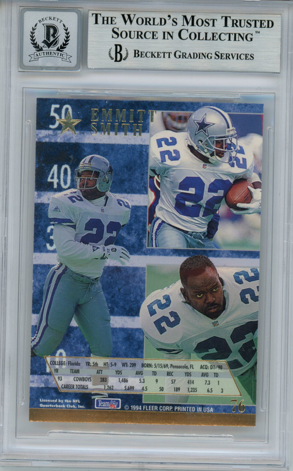 Emmitt Smith Autographed 1994 Ultra #76 Trading Card Beckett 10 Slab