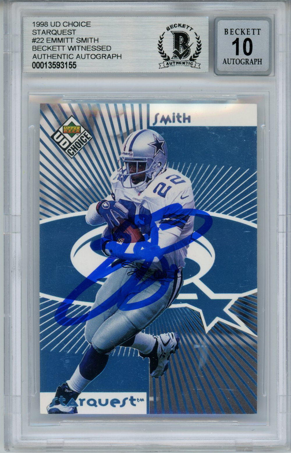 Emmitt Smith Signed 1998 UD Choice Starquest #22 Trading Card BAS 10 Slab