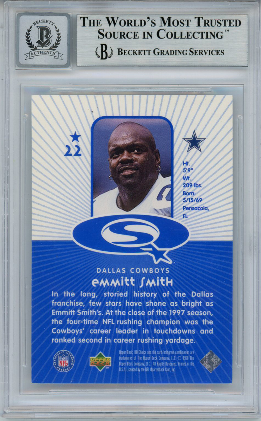 Emmitt Smith Signed 1998 UD Choice Starquest #22 Trading Card BAS 10 Slab