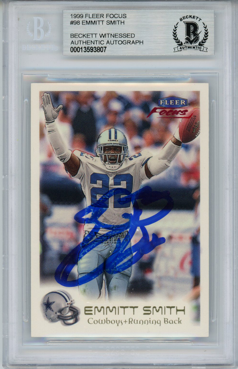 Emmitt Smith Autographed 1999 Fleer Focus #98 Trading Card Beckett Slab