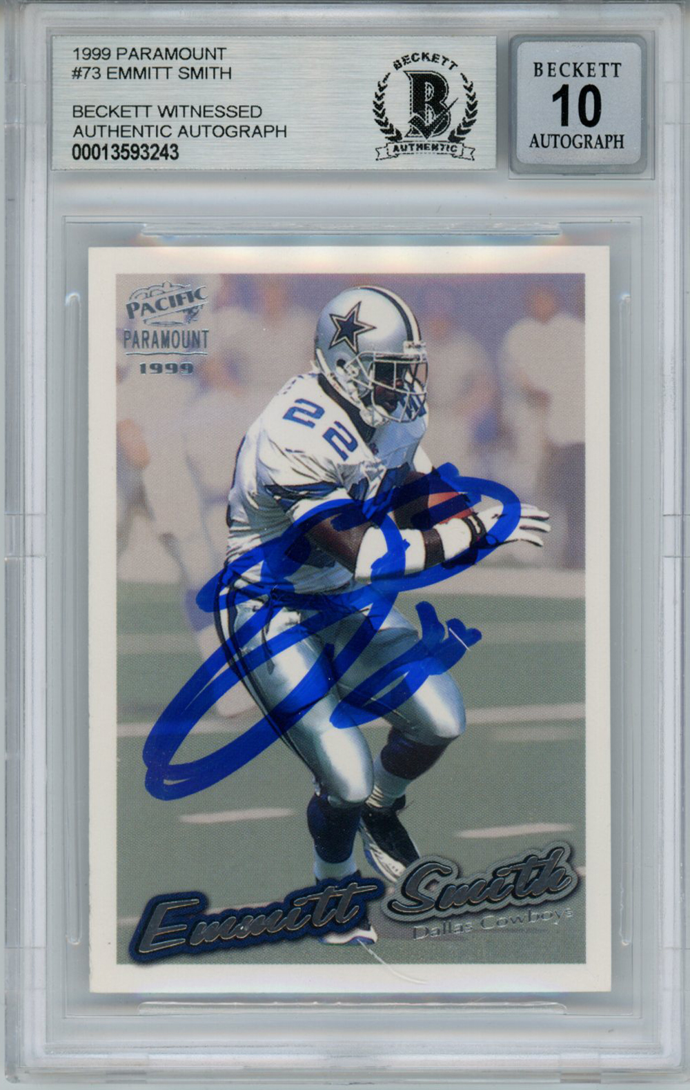 Emmitt Smith Signed 1999 Paramount #73 Trading Card Beckett 10 Slab