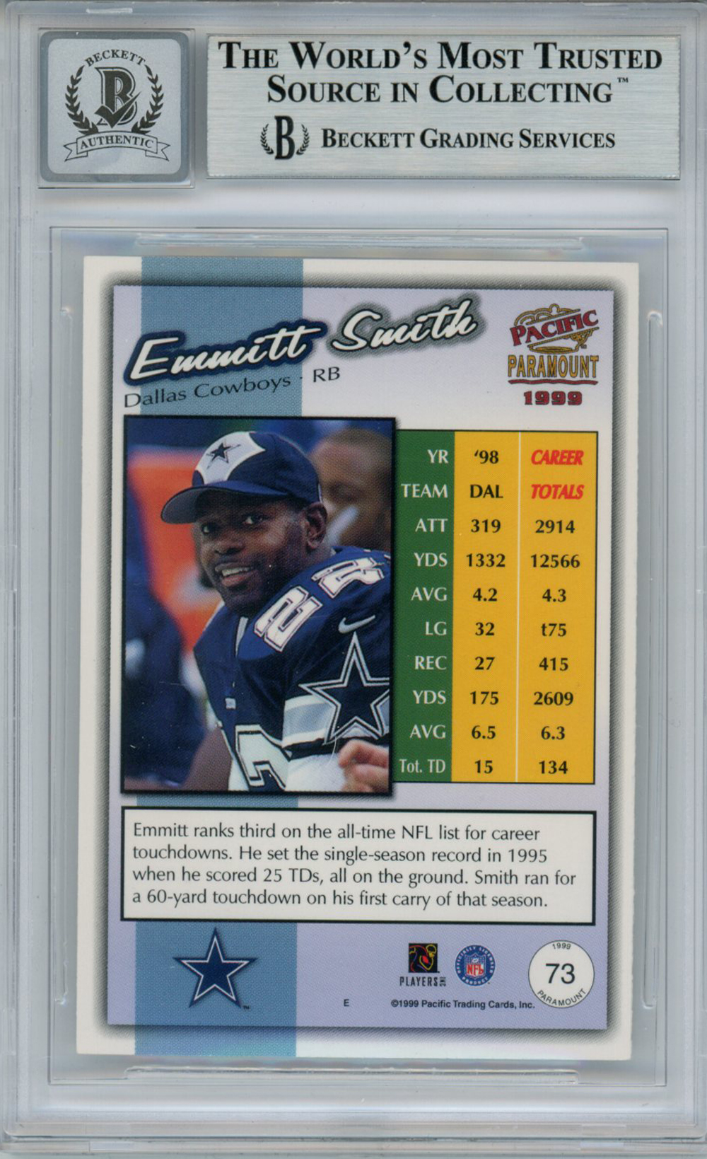 Emmitt Smith Signed 1999 Paramount #73 Trading Card Beckett 10 Slab