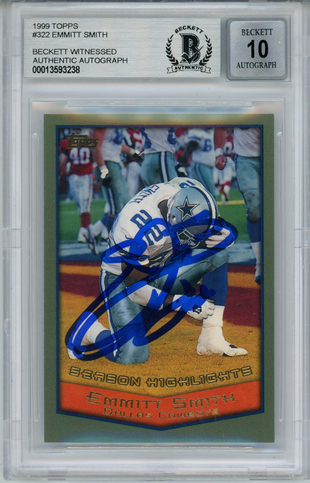 Emmitt Smith Autographed 1999 Topps #322 Trading Card Beckett 10 Slab