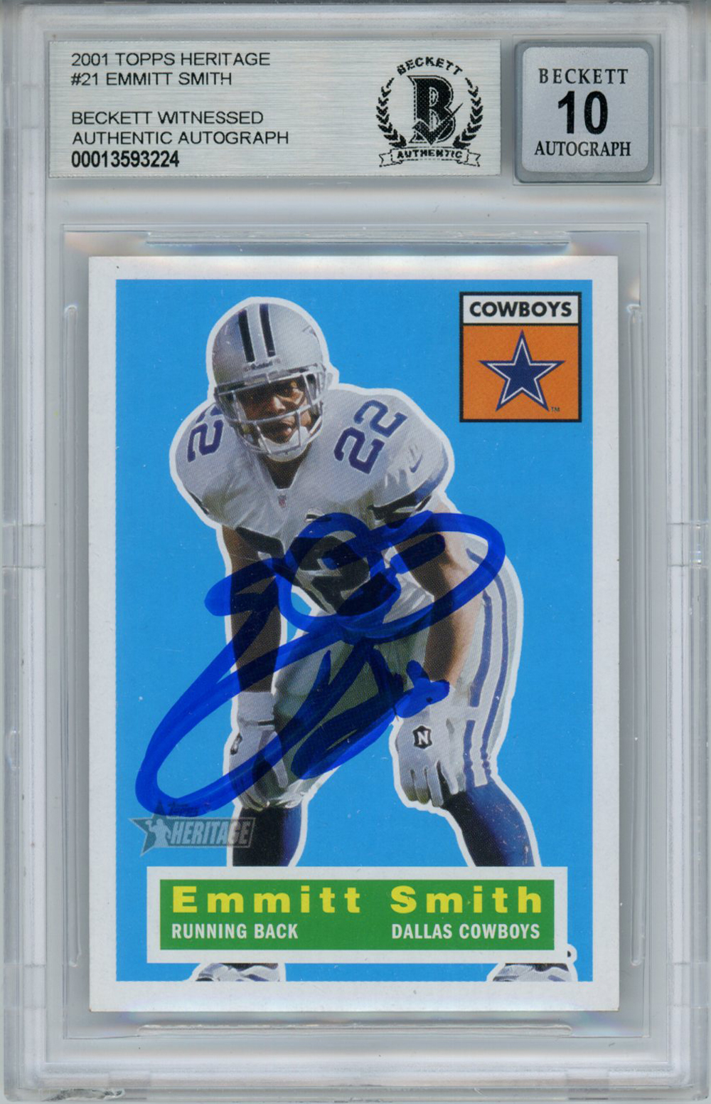 Emmitt Smith Signed 2001 Topps Heritage Trading Card Beckett 10 Slab