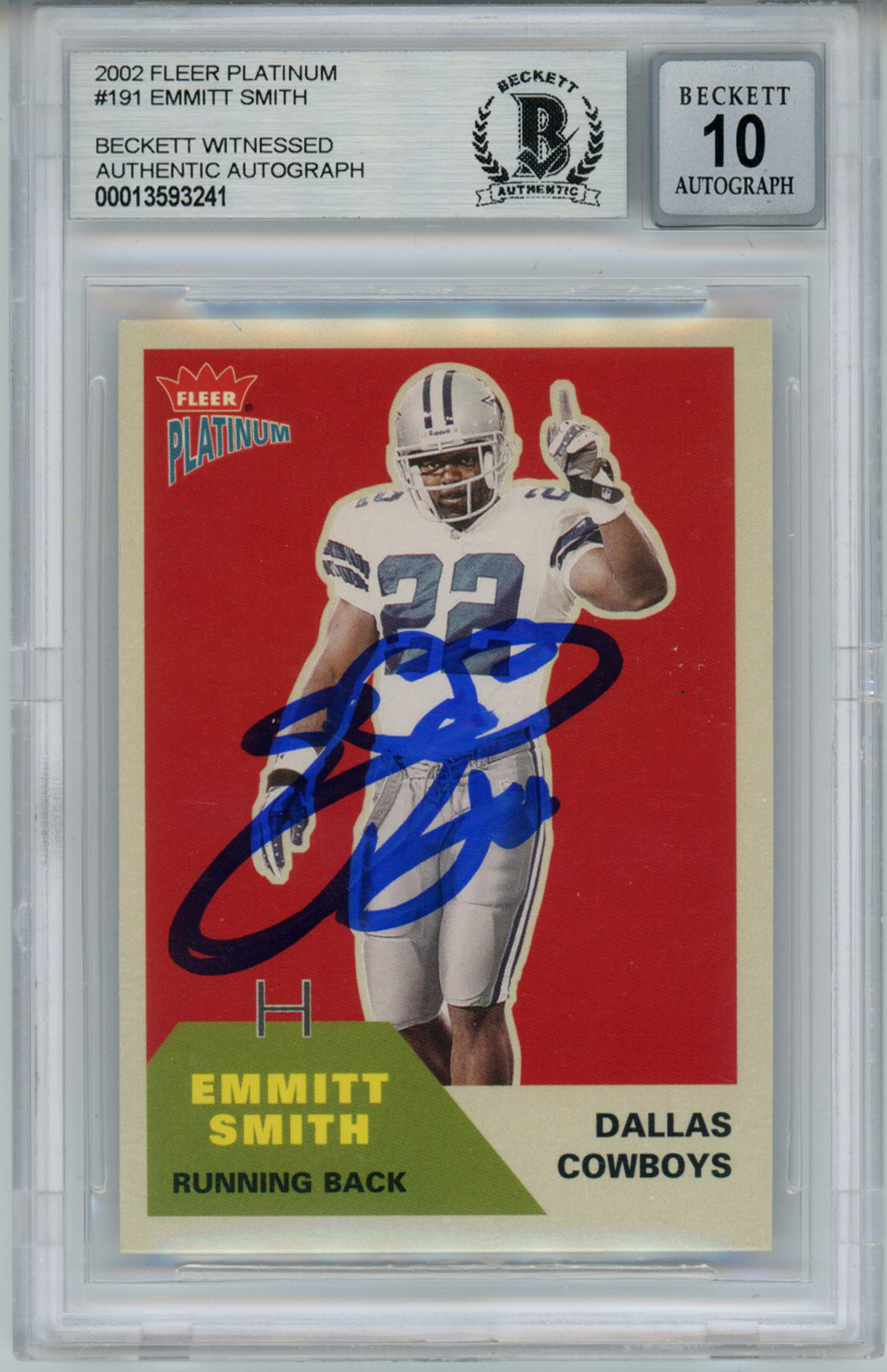 Emmitt Smith Signed 2002 Fleer Platinum #191 Trading Card Beckett 10 Slab